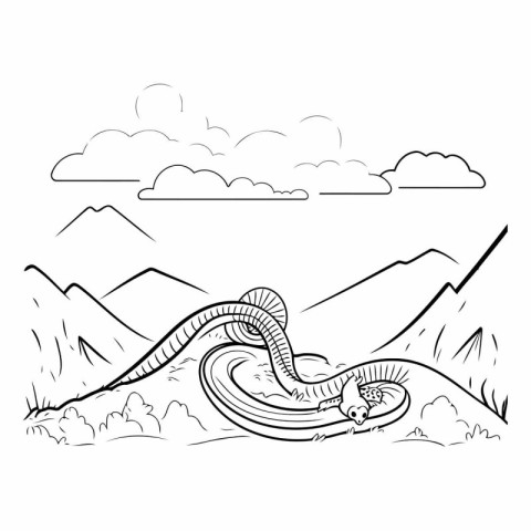 Cute cartoon snake in the mountains for coloring book.