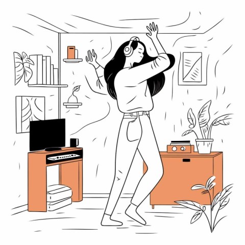 Vector illustration of a girl dancing at home in the living room