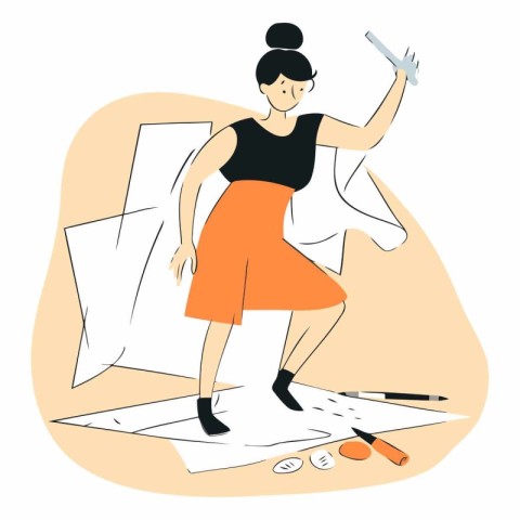 Fashion designer woman working in her studio. Flat design vector