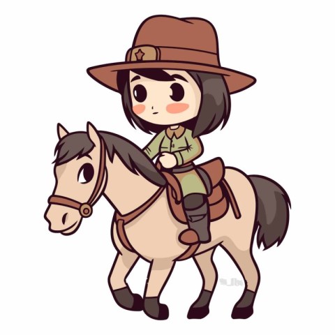 Illustration of a Cute Girl Wearing a Cowboy Hat and Riding a Ho