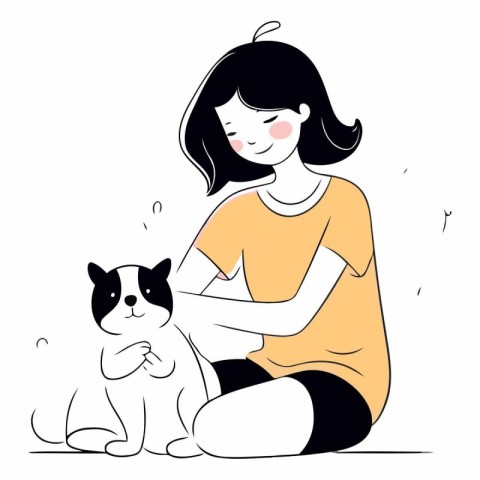 Vector illustration of a girl and a cat. Cute cartoon character.