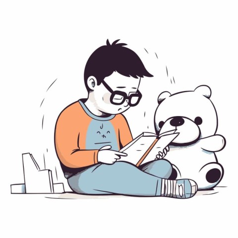 Illustration of a boy reading a book with a teddy bear