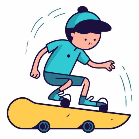 Boy riding a skateboard in a flat style.