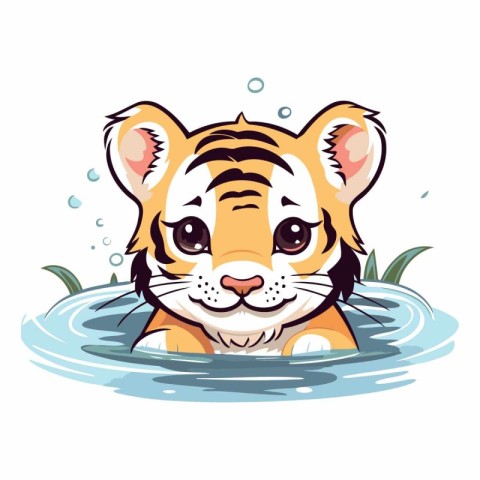 Cute tiger swimming in the water on white background.