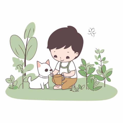 cute little boy with little dog in the garden vector illustratio