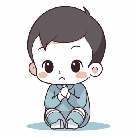 cute little boy sit and feel sad on white background.vector