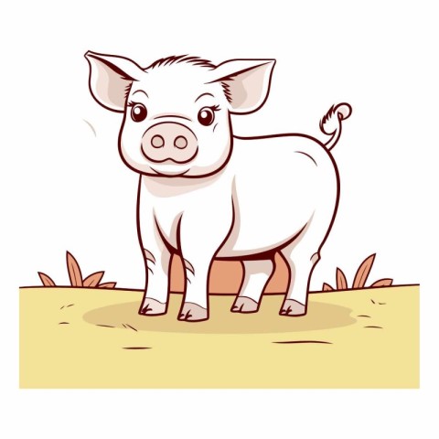 Illustration of a Cute Cartoon Pig on a Farm. Vector