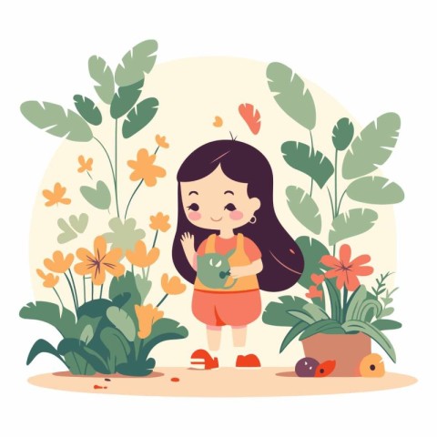 Cute girl planting flowers in the garden. Flat vector illustrati