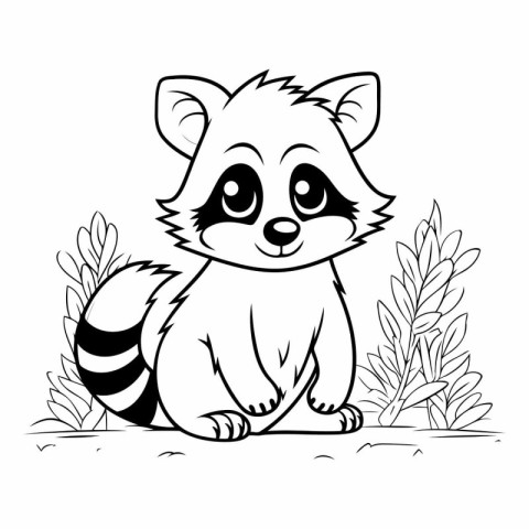 Cute raccoon sitting on the grass. Black and white vector illust