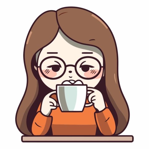 Cute cartoon girl with a cup of coffee.