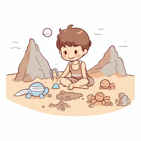 Boy playing with toys on the beach in cartoon style.