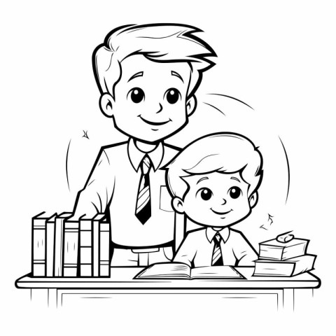 Black and White Cartoon Illustration of Father and Son Studying