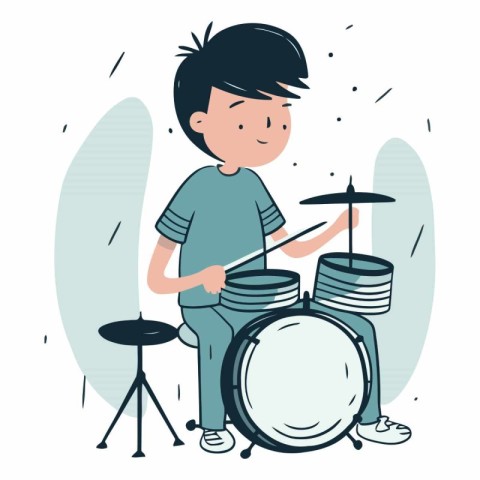 Cute boy playing drums in flat cartoon style.