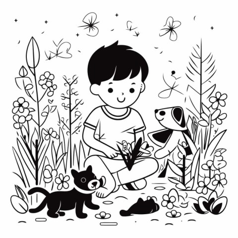 Cute little boy playing with dog in the garden