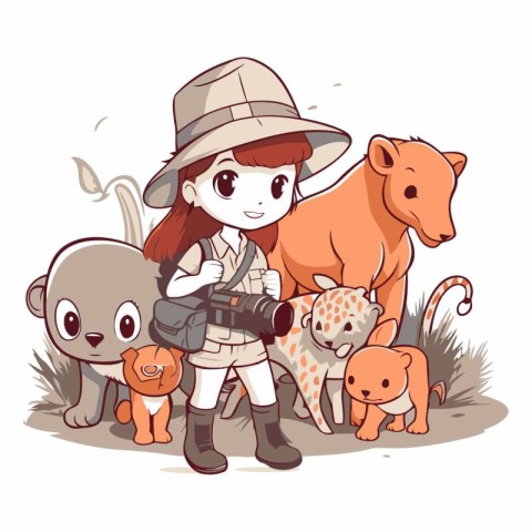 Illustration of a Cute Cartoon Safari Girl with Her Animals.