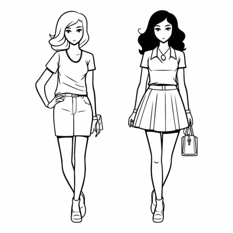 Fashion girls in sketch-style on white background.