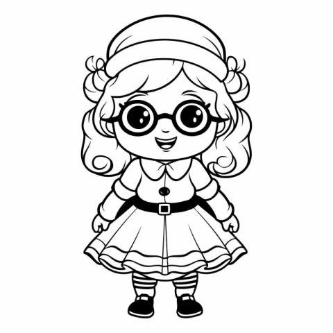 Cute little girl in glasses. Black and white vector illustration