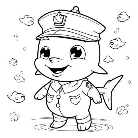 Black and White Cartoon Illustration of Cute Little Fish Captain