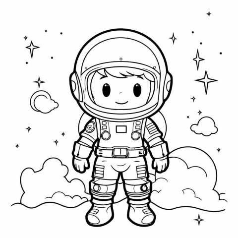 Black and White Cartoon Illustration of Cute Astronaut Boy Chara