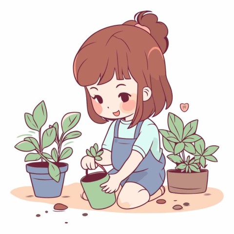 Illustration of a Cute Little Girl Planting a Houseplant