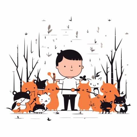 Cute boy playing with foxes in the forest