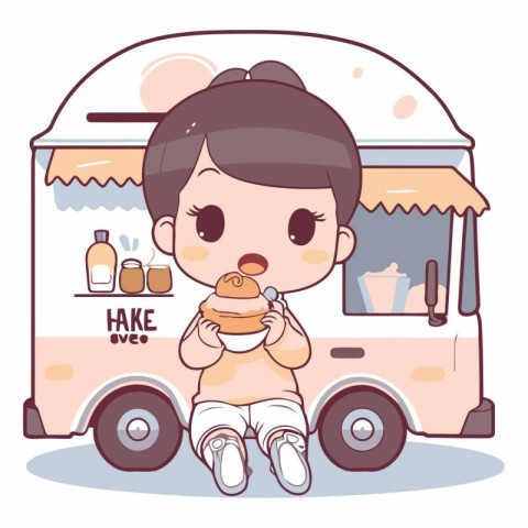 Illustration of a Cute Little Girl Eating a Baby Food Truck