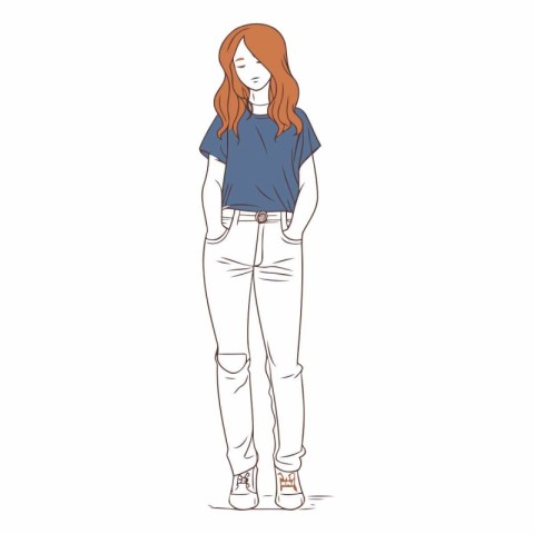 Vector illustration of a beautiful young woman in jeans and T-sh