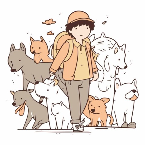 Vector illustration of a boy with a backpack and a group of dogs