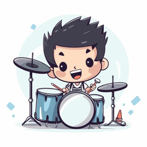 Cute boy playing drum set. Vector cartoon character illustration