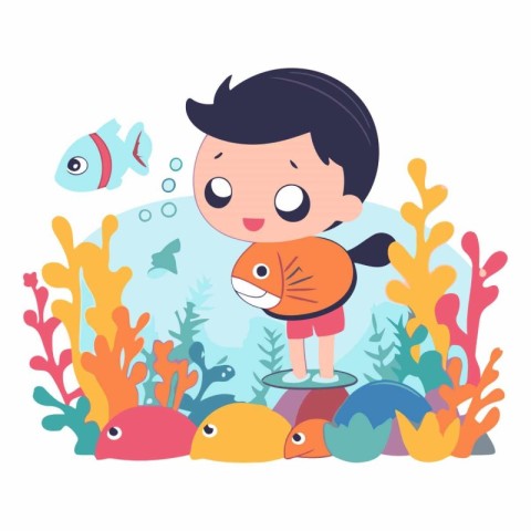 Cute cartoon boy and fish in the aquarium.