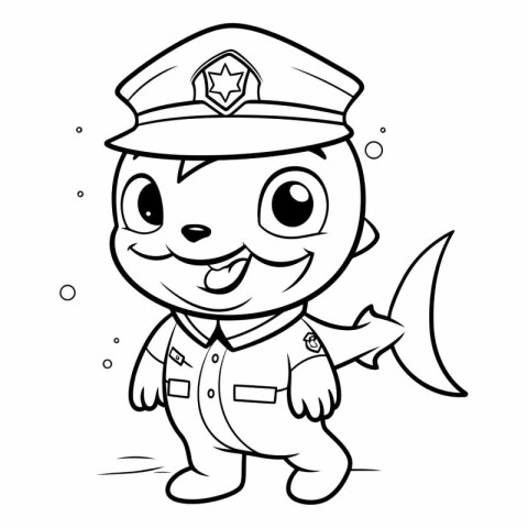 Black and White Cartoon Illustration of Cute Marine Policeman Ch