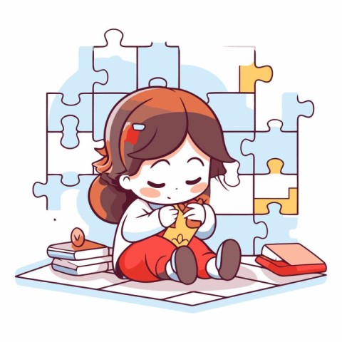 Little girl sitting on the floor and playing with puzzle.