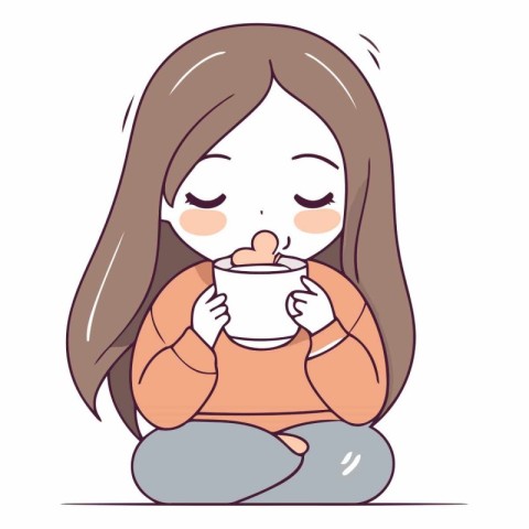 Illustration of a little girl drinking a cup of hot tea.