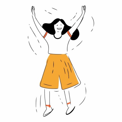 Happy woman jumping with raised hands in doodle style.