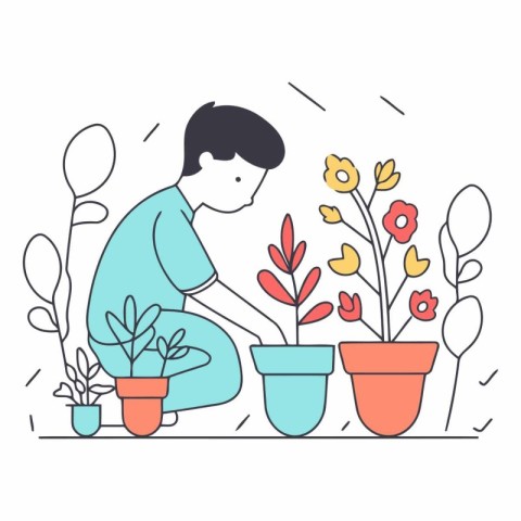 Vector illustration in flat linear style. A man is planting flow