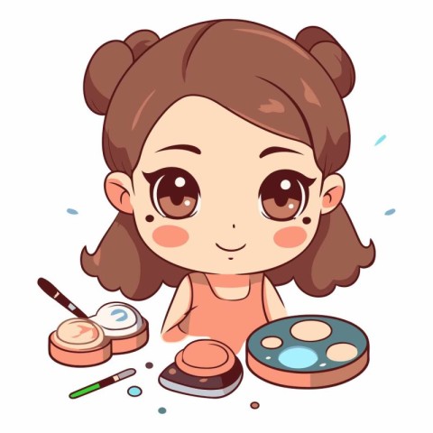 Illustration of a Cute Little Girl with Make-up Tools