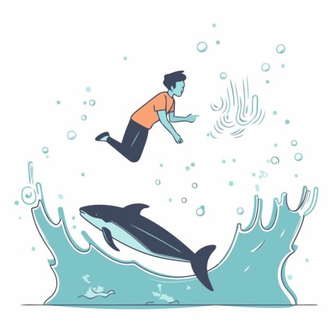 Vector illustration of a man swimming with a dolphin in the ocea