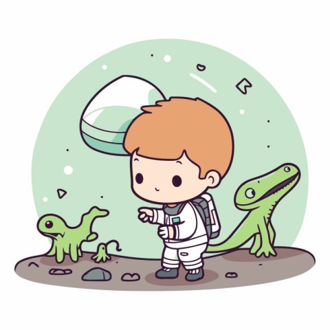 cute little boy in astronaut costume with dinosaur cartoon vecto