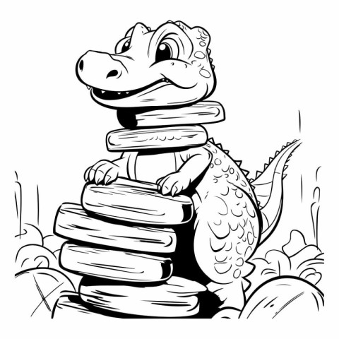 Cute cartoon iguana on stack of stones.