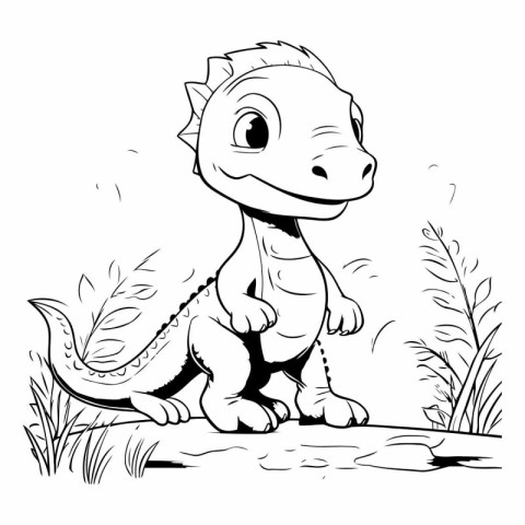 Cute dinosaur cartoon in black and white for coloring book.