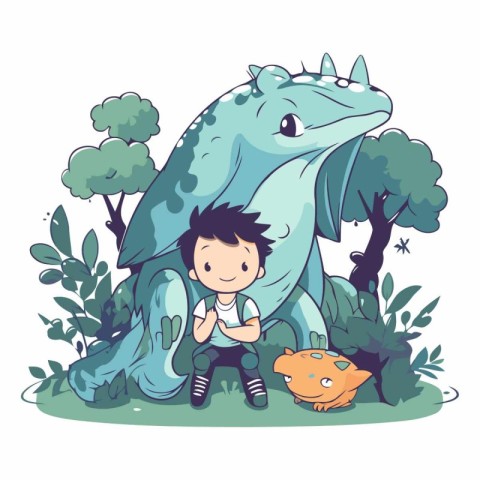 Boy playing with dinosaur in the park. Cute cartoon vector illus