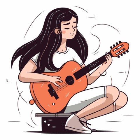 Young woman playing guitar in flat cartoon style isolated on whi