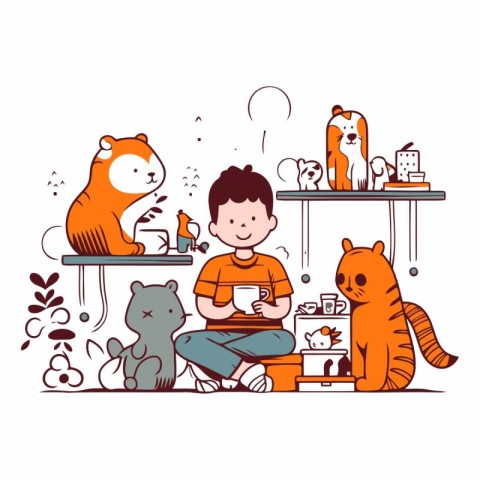 Cute boy reading a book and playing with cats.