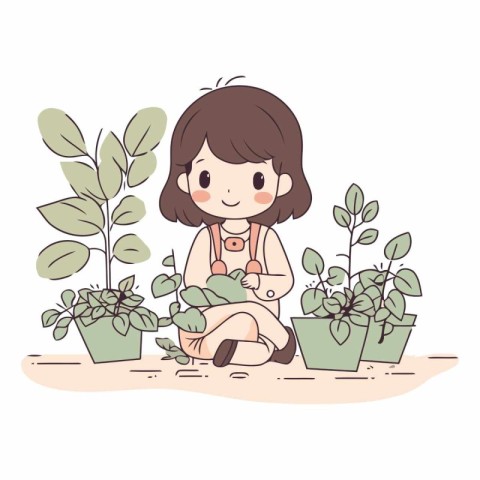 Girl planting houseplants. Hand drawn vector illustration in car