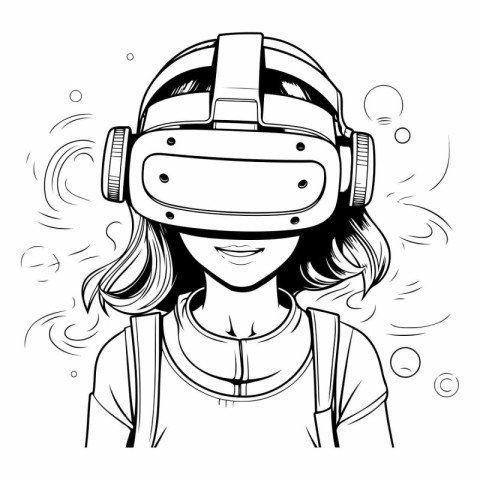 Black and White Cartoon Illustration of Girl in Virtual Reality