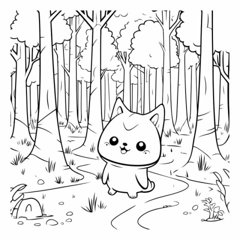 Cute cat in the forest for coloring book.