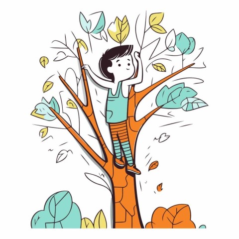 Boy climbing on a tree in the autumn forest.