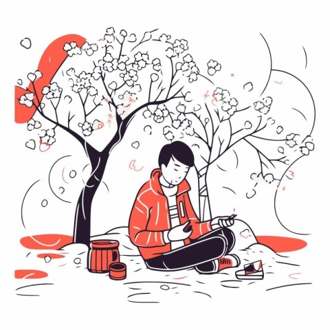 Vector illustration of a man sitting in the park and reading a b