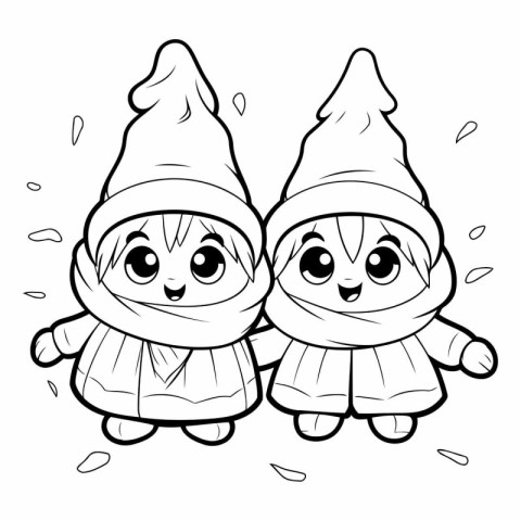 Black and White Cartoon Illustration of Cute Little Girls in Win