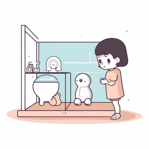 Girl looking at toilet in bathroom in cartoon style.